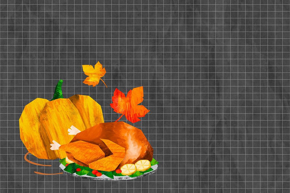 Stuffed turkey dinner background, food paper craft collage