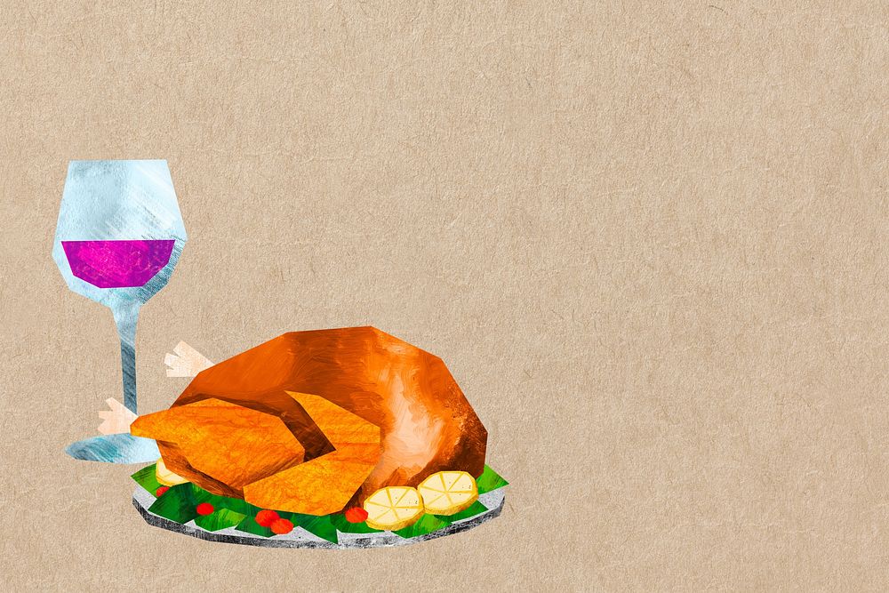 Stuffed turkey dinner background, food paper craft collage