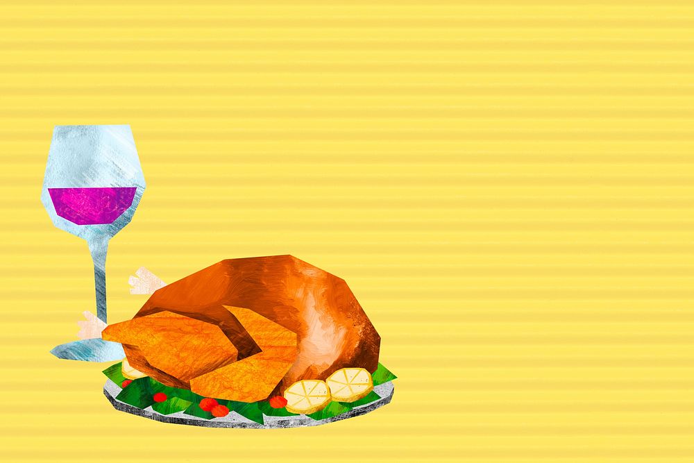 Stuffed turkey dinner background, food paper craft collage