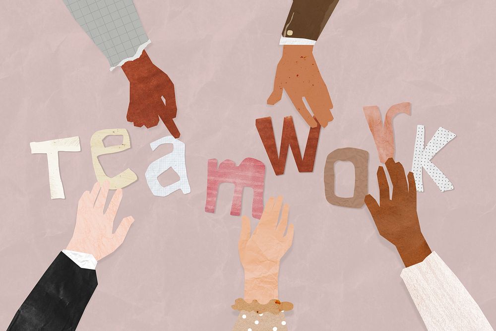 Teamwork word, paper diverse hands united collage