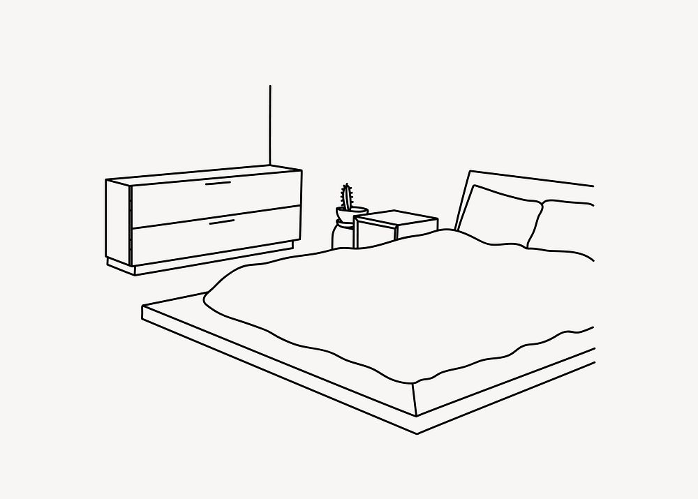 Minimal bedroom interior line art illustration isolated background