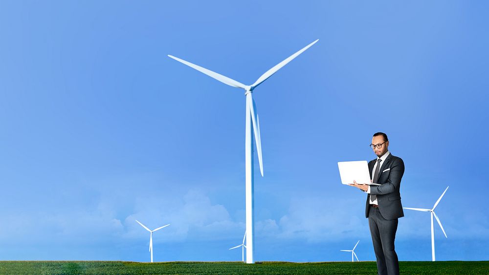 Wind turbine desktop wallpaper, businessman using laptop image