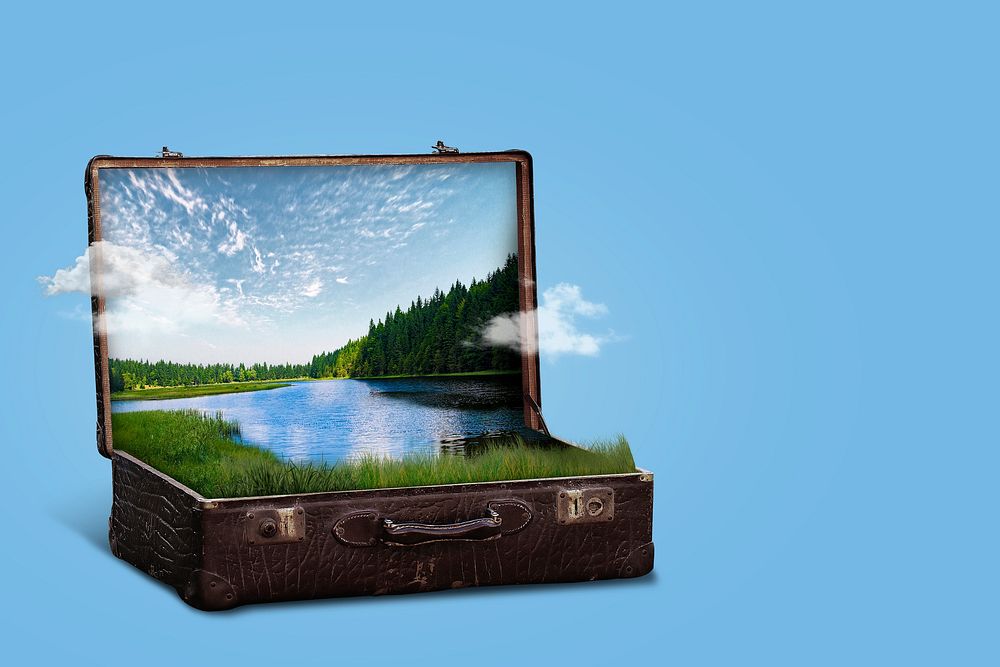 Open briefcase nature background, surreal lake remix