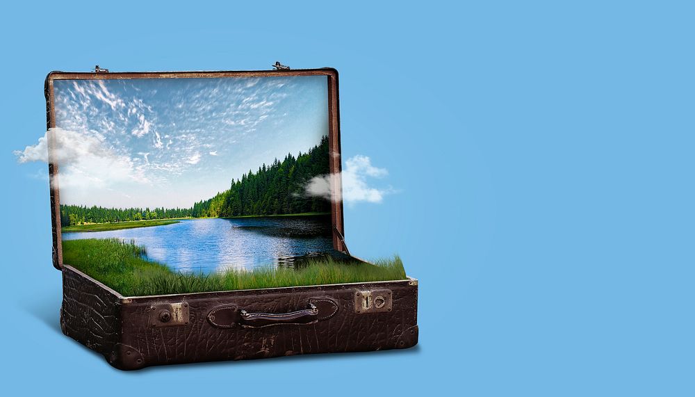 Open briefcase nature background, surreal lake remix