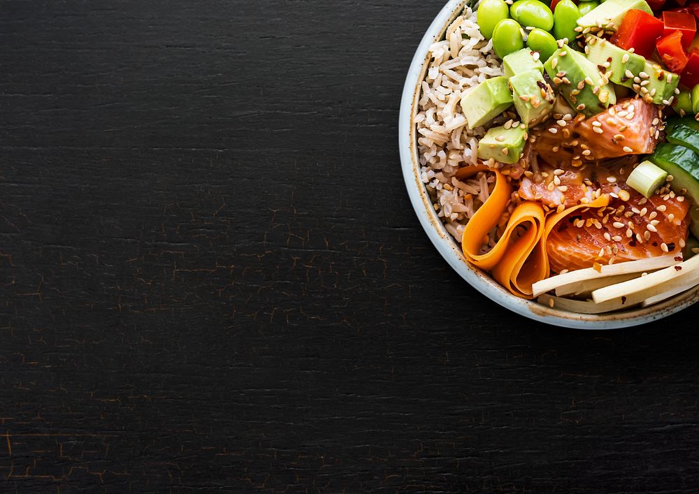 Salmon poke bowl background, healthy food image