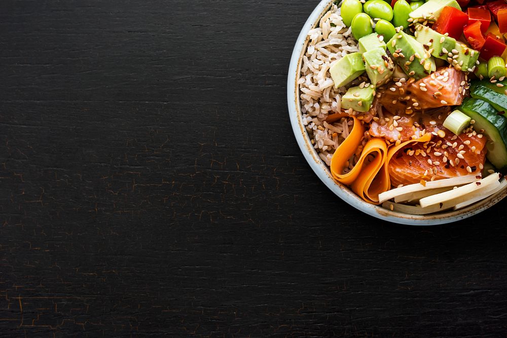 Salmon poke bowl background, healthy food image