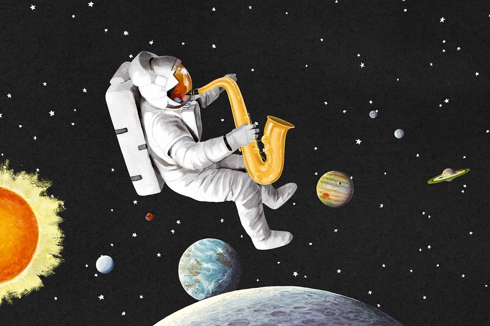 Astronaut playing saxophone background, outer space aesthetic