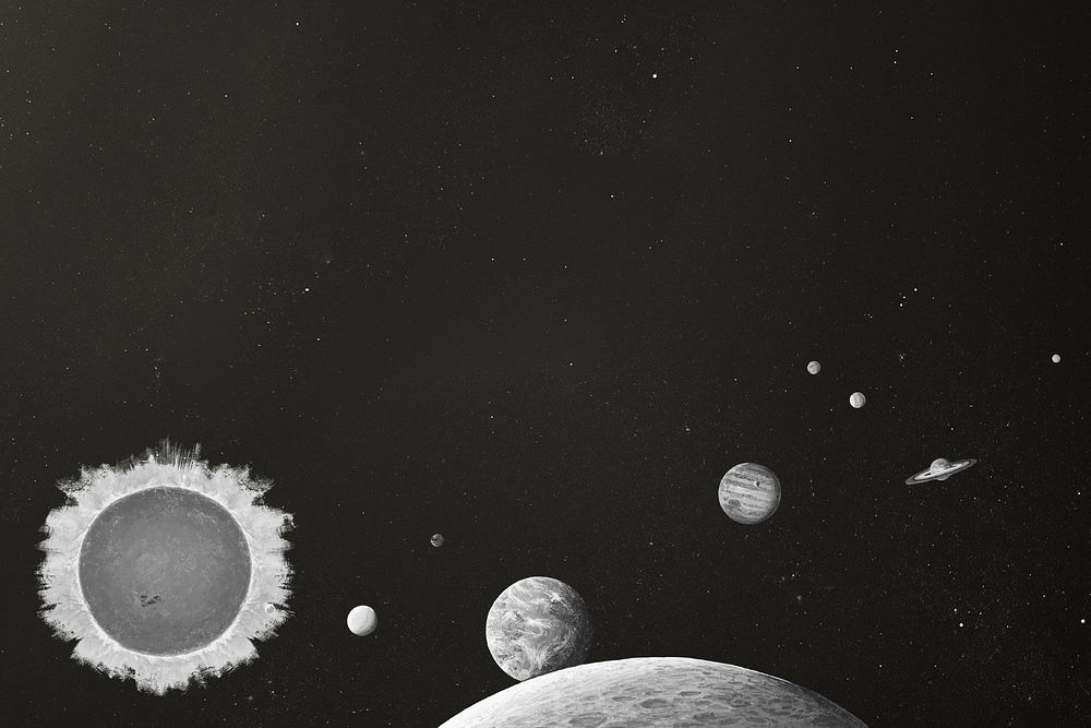 Greyscale solar system background, outer space aesthetic