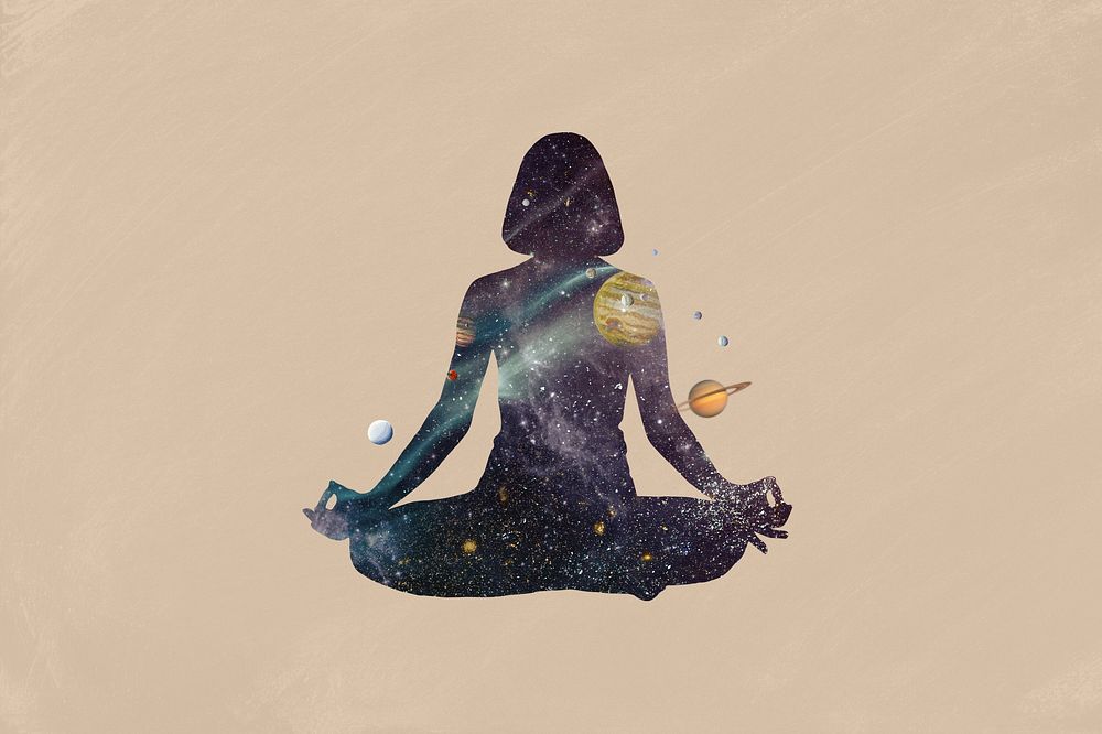 Meditating woman, galaxy silhouette remix