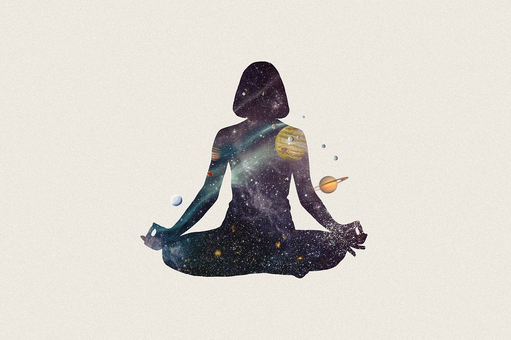 Meditating woman, galaxy silhouette remix