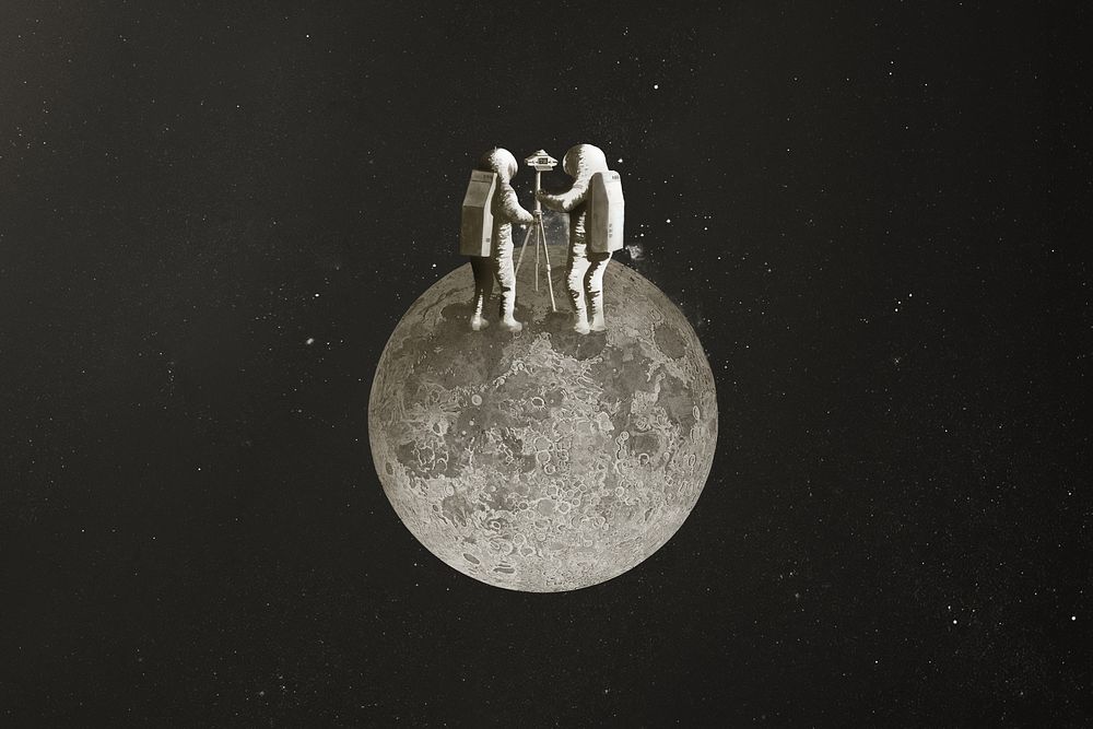 Astronauts taking photo, moon galaxy remix