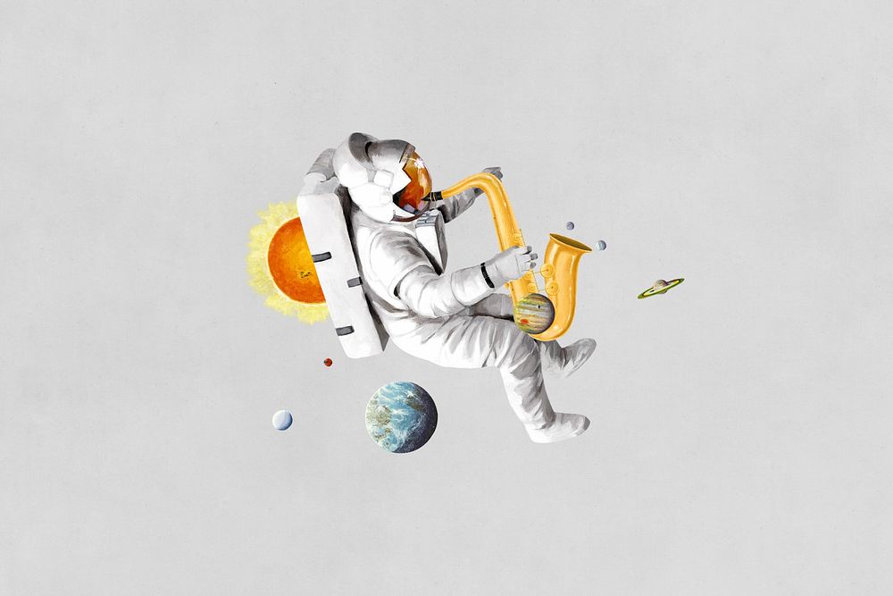 Astronaut playing saxophone, surreal galaxy remix