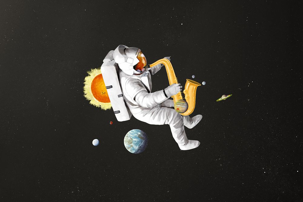 Astronaut playing saxophone, surreal galaxy remix