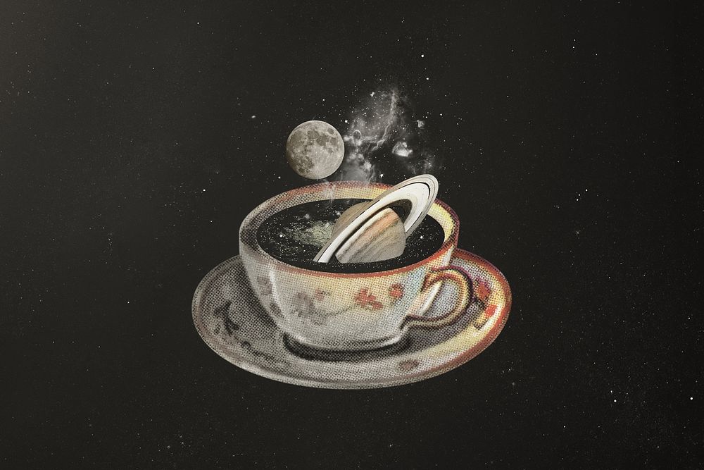 Saturn in coffee cup, surreal escapism remix