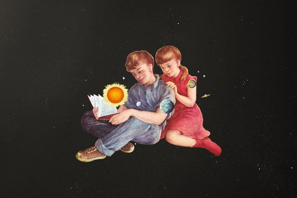 Kids reading book, space education remix