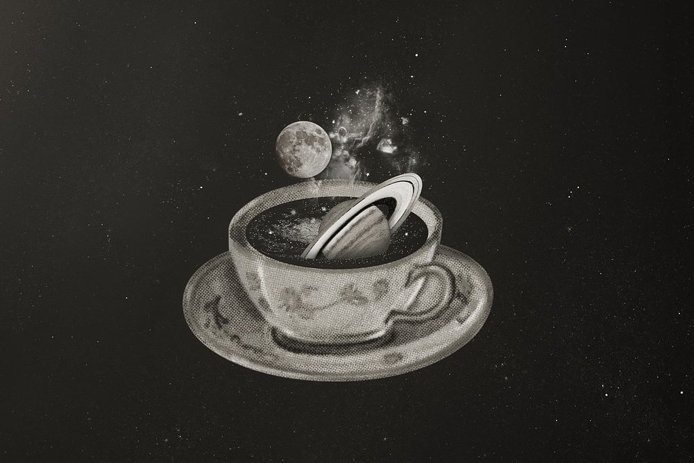 Saturn in coffee cup, surreal escapism remix