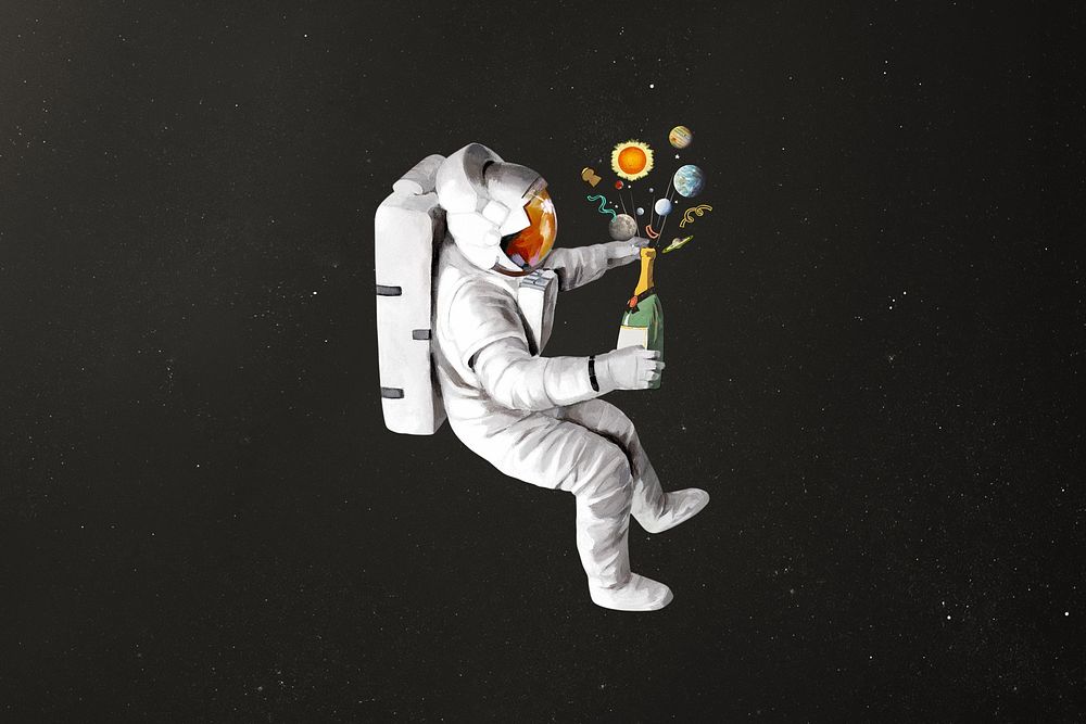 Astronaut holding champagne bottle