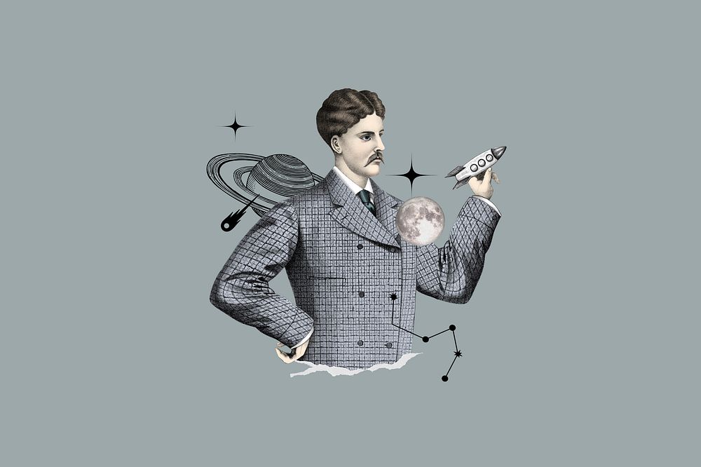 Vintage astronomer man, galaxy remix