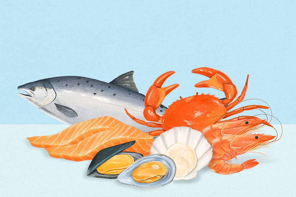 Seafood background, fish, crab digital paint