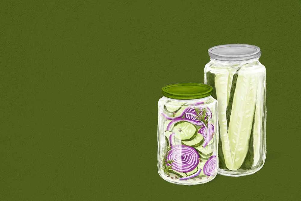 Onion & pickle jar background, vegetable food illustration