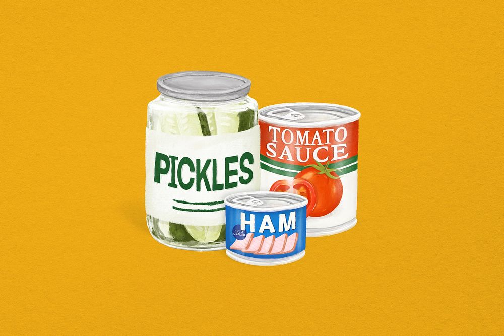 Canned food, pickles, ham, tomato sauce illustration