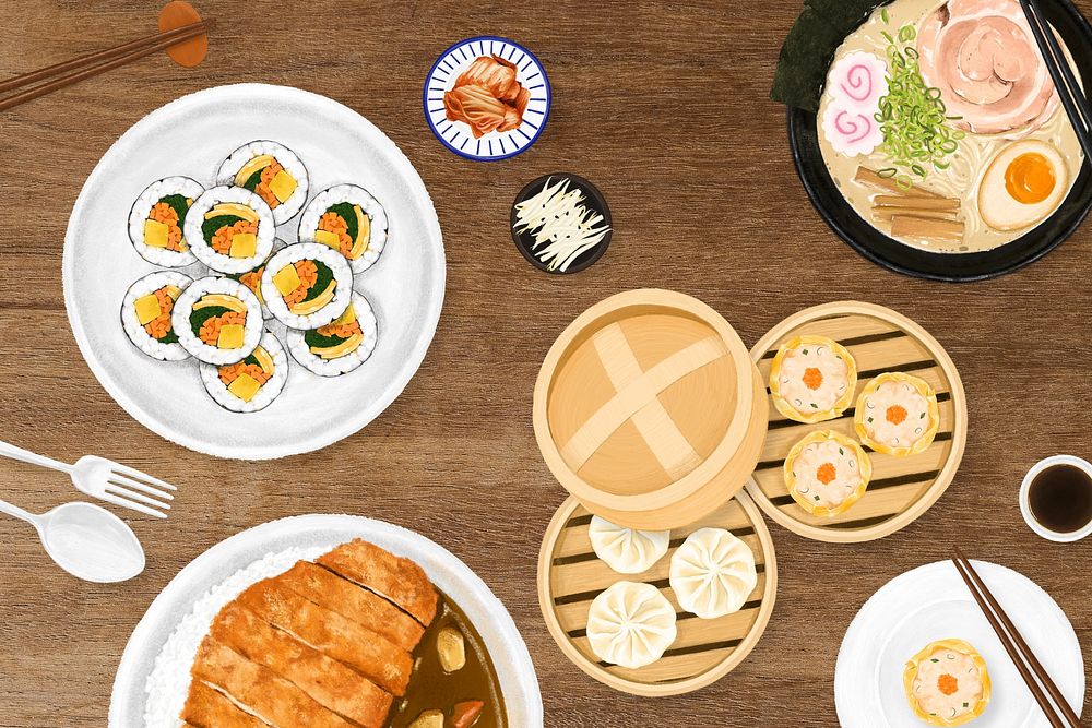 Asian cuisine background, food illustration