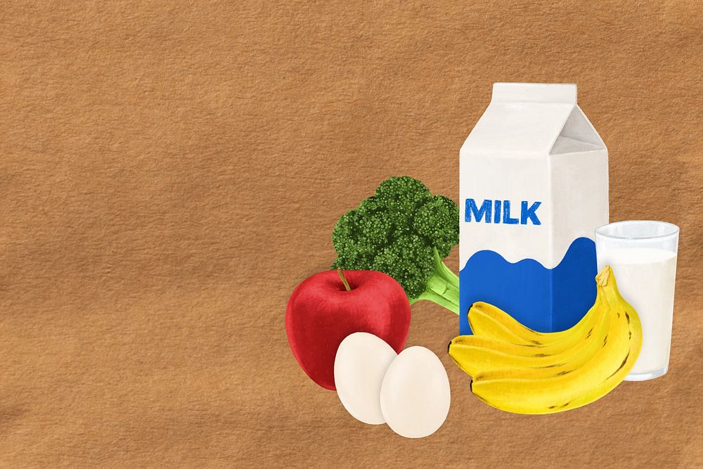 Milk and fruits background, healthy food illustration