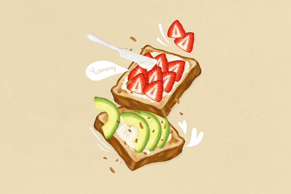 Avocado & strawberry toast, breakfast food illustration