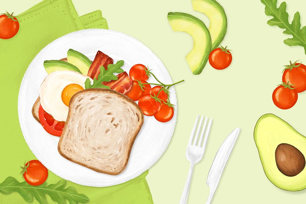 Avocado toast breakfast background, food illustration