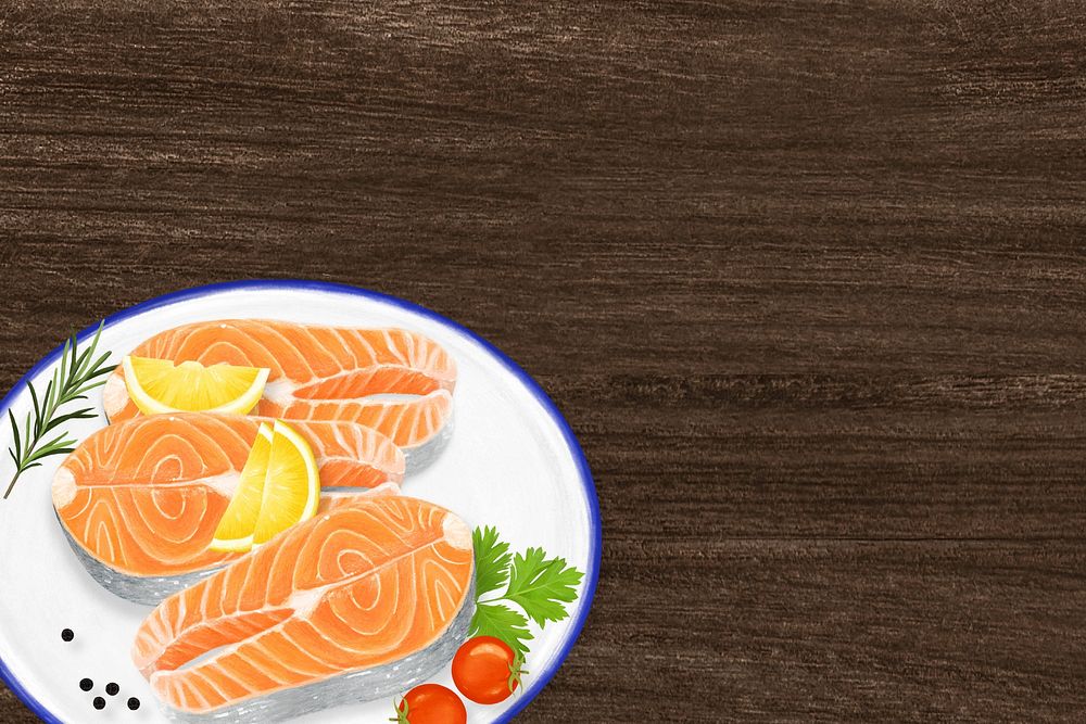 Salmon steak background, food border