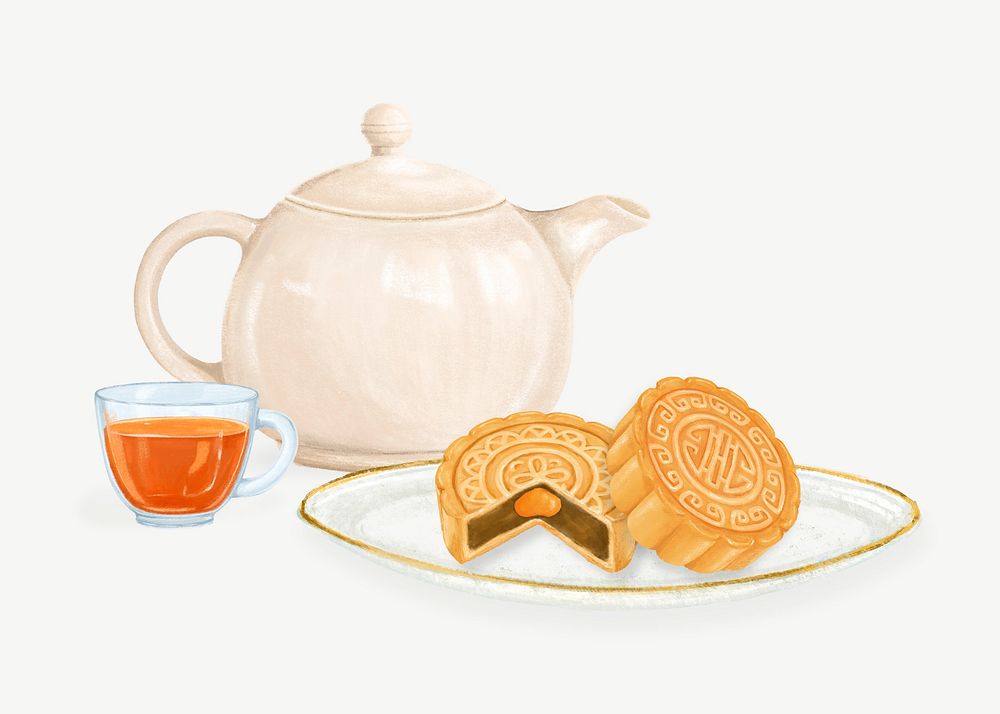 Mooncake & tea, Chinese dessert collage element  psd