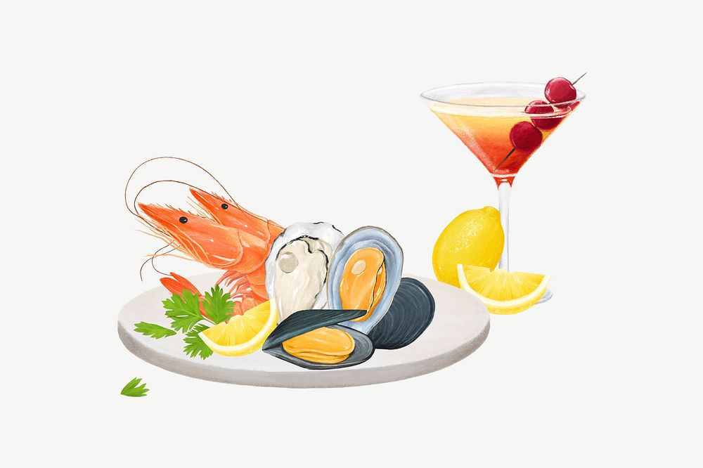 Fresh seafood plate, food collage element  psd