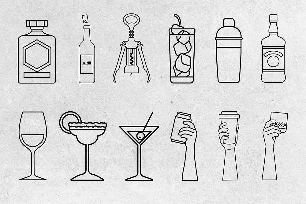 Hand & drink line art set psd