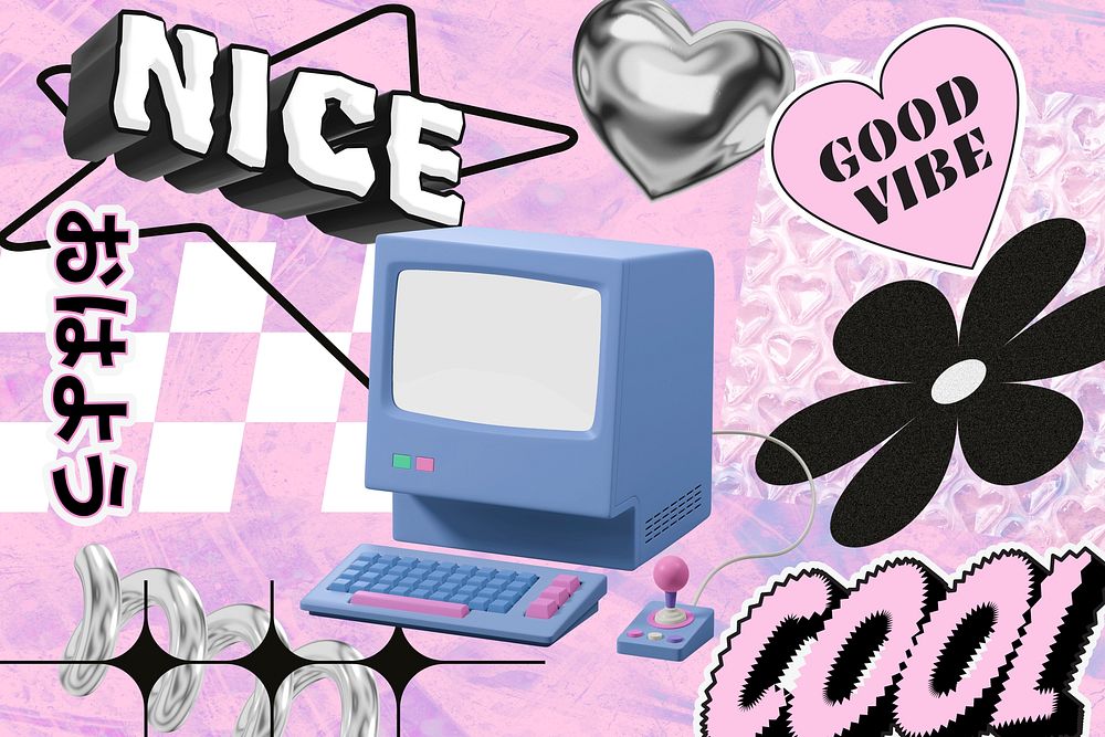 Pink y2k computer, typography collage art