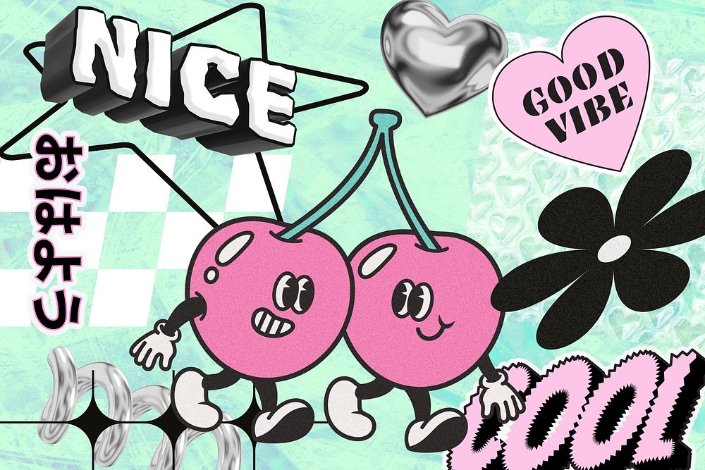 Y2k cherries cartoon, funky collage art
