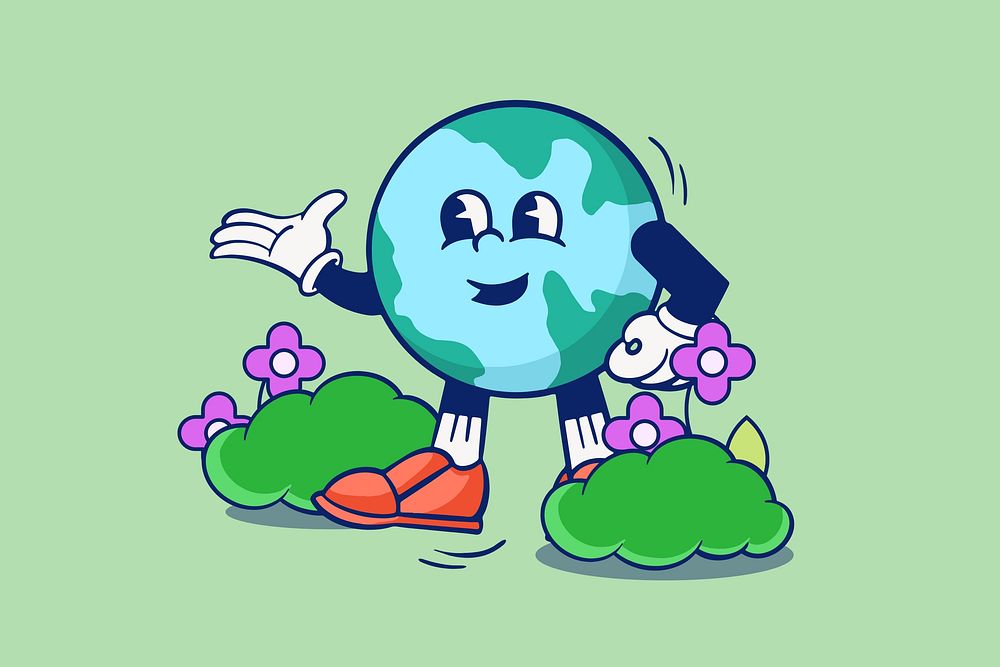 Sustainable globe, environment cartoon character illustration