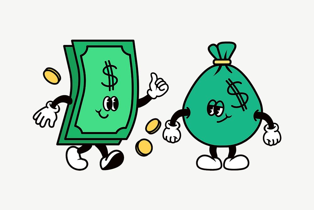 Dollar bill & money bag, finance cartoon character illustration psd