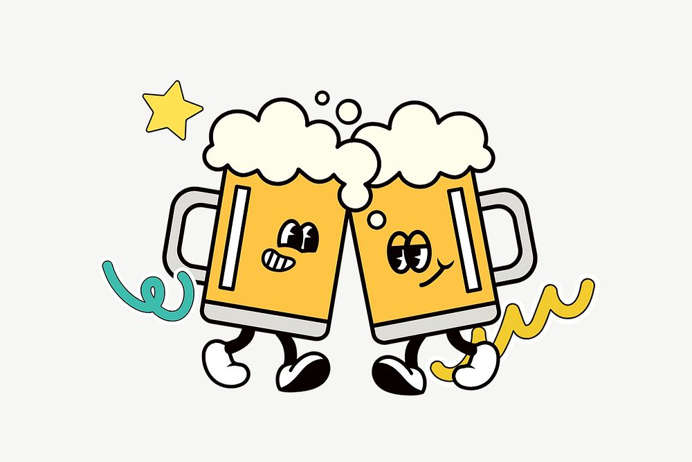 Clinking beer glasses, funky cartoon illustration psd