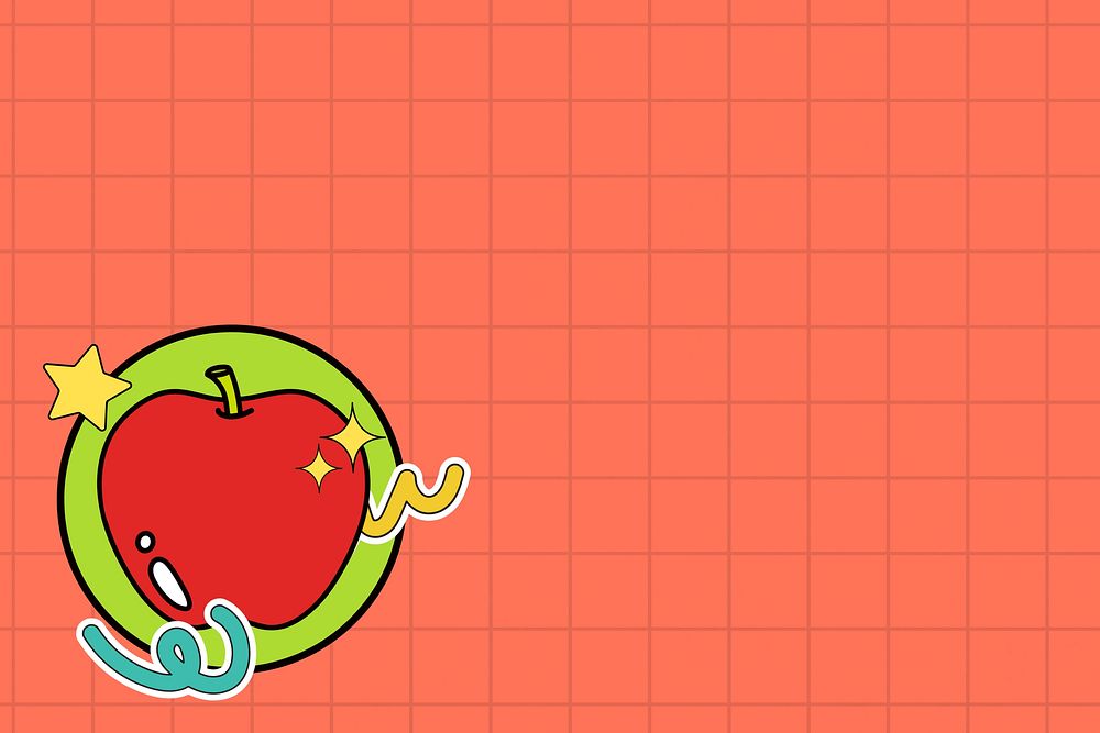 Red grid patterned background, cute apple illustration