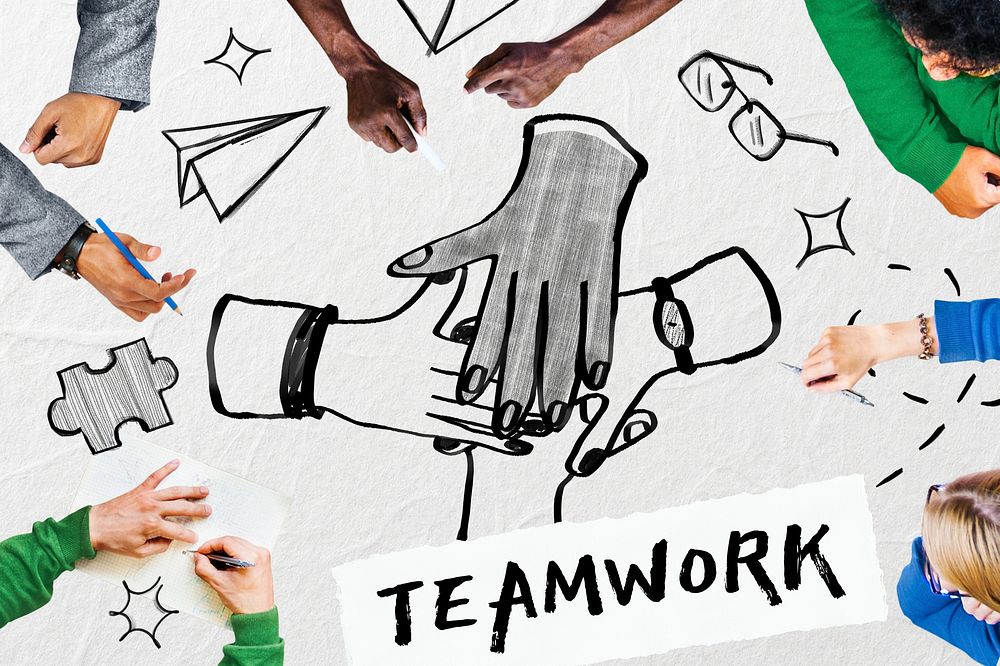 Teamwork word, corporate success doodle remix on paper texture