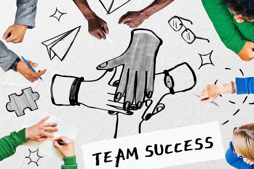 Team success word, corporate doodle remix on paper texture