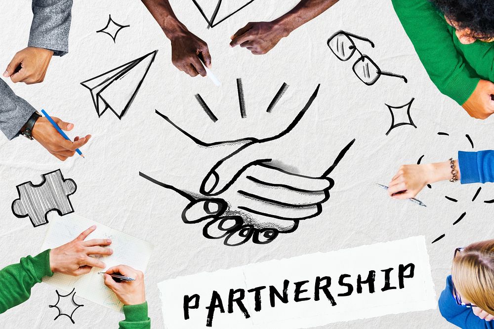 Partnership word, business deal doodle remix on paper texture