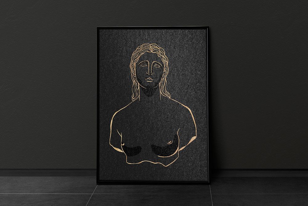 Picture frame mockup, gold drawing of Greek woman psd