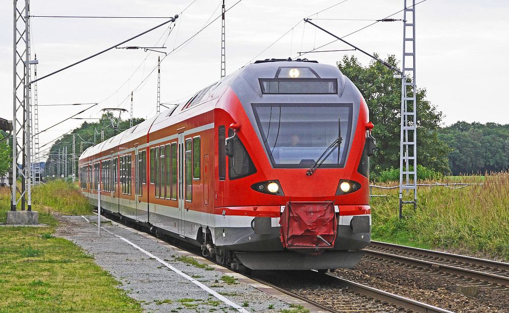 Regional express train line No. 9 to Rostock, Germany served by a class 429 electric multiple unit of Deutsche Bahn.…