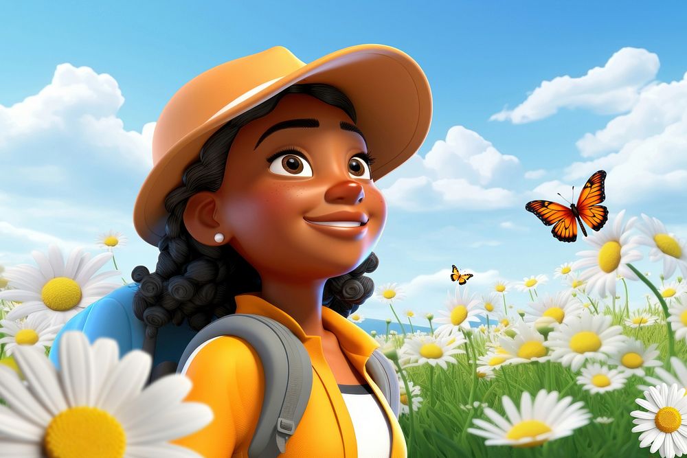 3D African American woman in flower field illustration