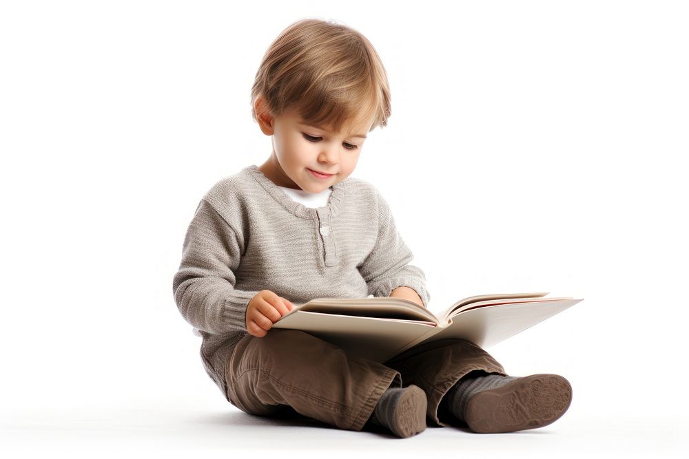 Reading child sitting white background. AI generated Image by rawpixel.