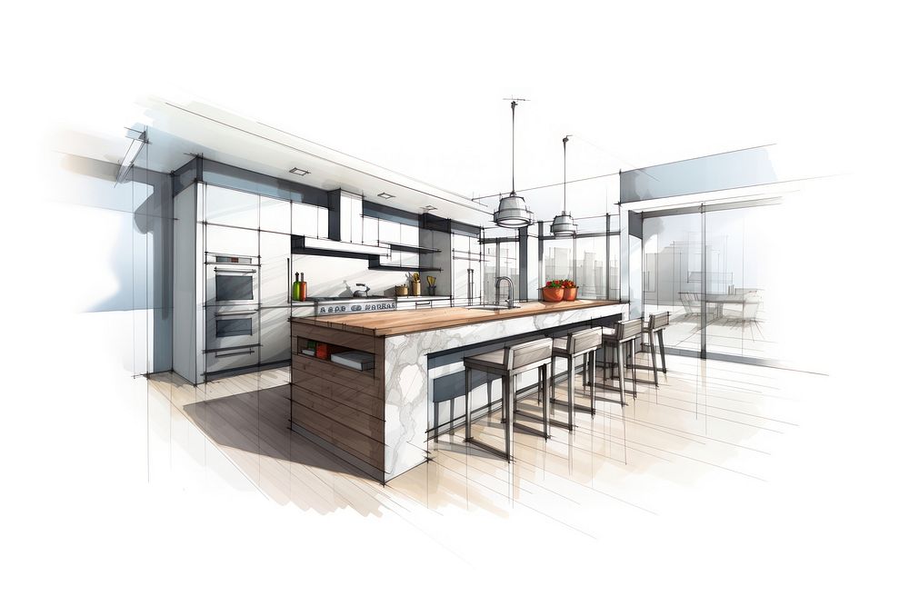 Kitchen sketch white background architecture. AI generated Image by rawpixel.