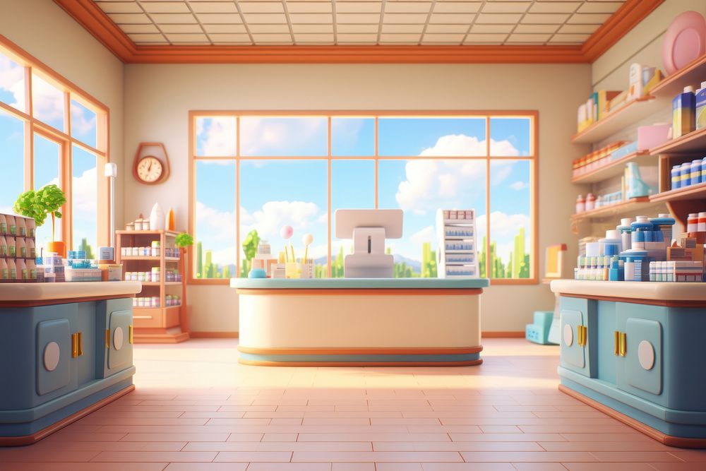Pharmacy cartoon architecture dollhouse. AI generated Image by rawpixel.