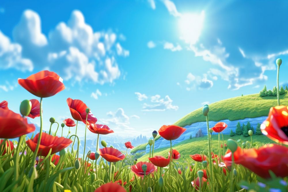 Landscape flower poppy grassland. AI generated Image by rawpixel.