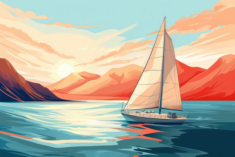 Sailboat yacht watercraft mountain. AI generated Image by rawpixel.